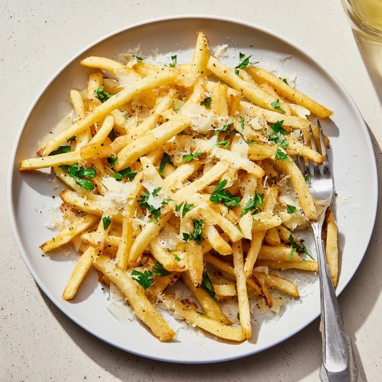 Freshly grated Parmesan and aromatic truffle oil coating hot, crispy homemade fries for a savory bite.  