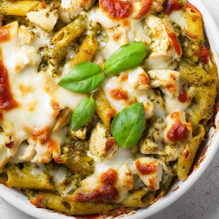A close-up of Pesto Chicken Pasta Bake, featuring penne pasta coated in basil pesto sauce and tender chicken pieces.