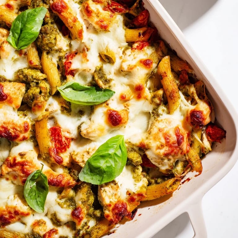 Steaming Pesto Chicken Pasta Bake from the oven, topped with bubbly cheese and garnished with green basil leaves.