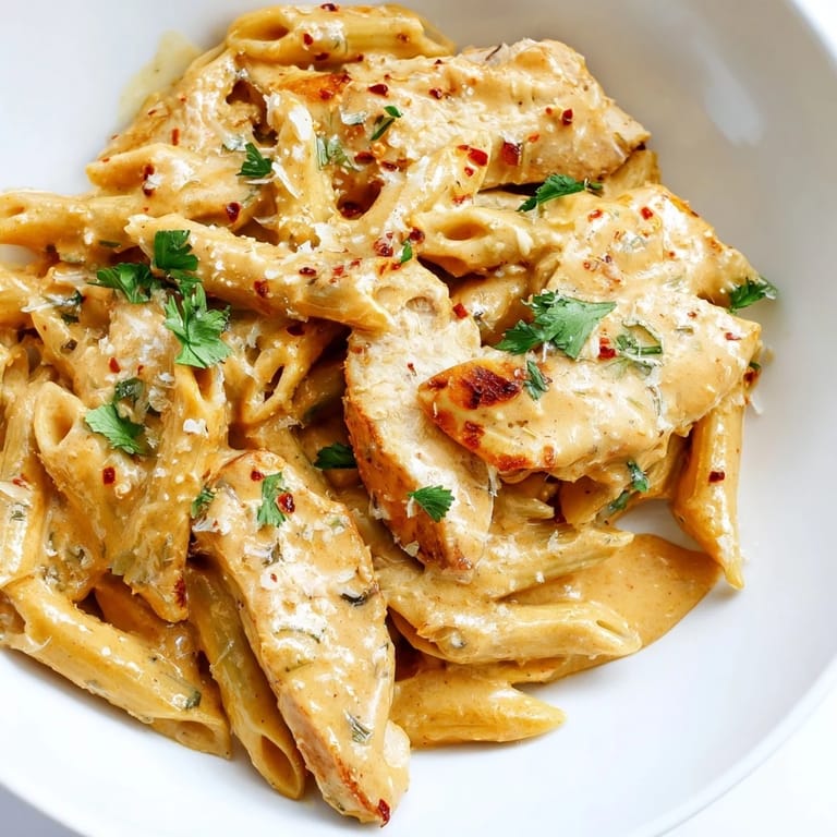 A close-up view of a savory pasta dish featuring juicy chicken, a rich creamy sauce, and a hint of lime zest.