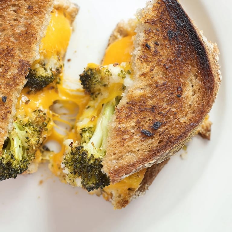 Served hot on a rustic wooden board, this vegetarian Roasted Broccoli & Cheddar Grilled Cheese pairs perfectly with a bowl of creamy tomato soup.