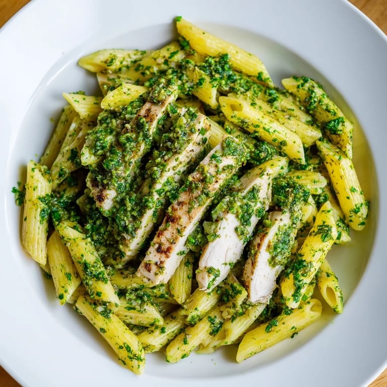 Golden, juicy chicken and pasta twirled in a vibrant, garlicky chimichurri drizzle, served with lemon wedges.