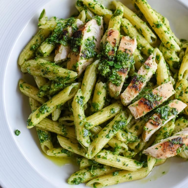 A colorful skillet of Chimichurri Chicken Pasta, featuring tender grilled chicken and fresh parsley garnish.