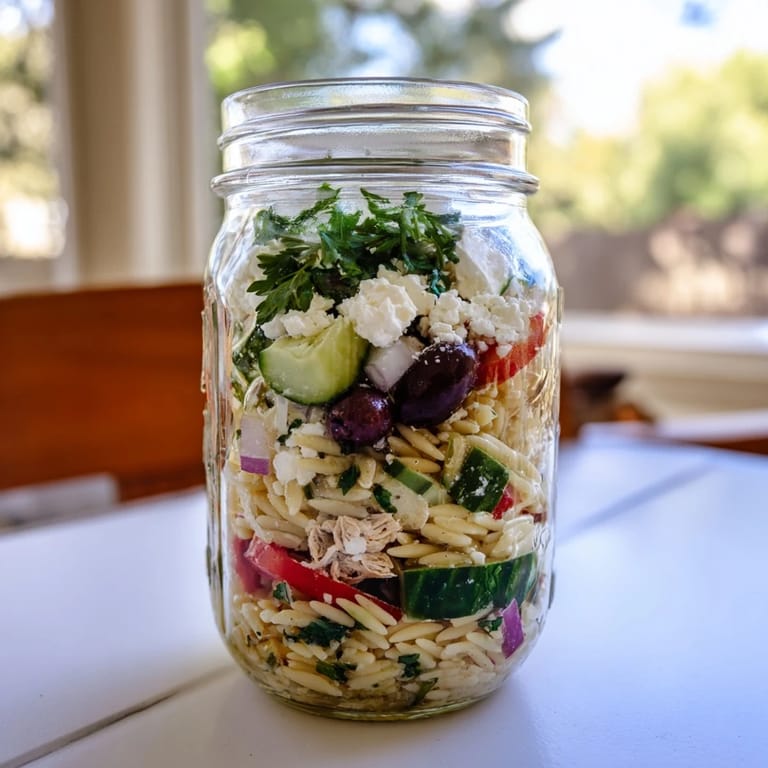 Vibrant Greek Pasta Chicken Salad Jars topped with Kalamata olives and fresh parsley, ideal for a Mediterranean meal prep lunch.  