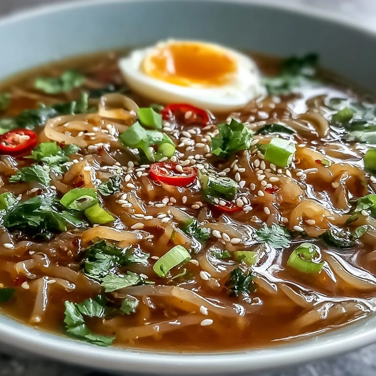Enjoy steaming shirataki noodles in rich bone broth, a perfect light meal.