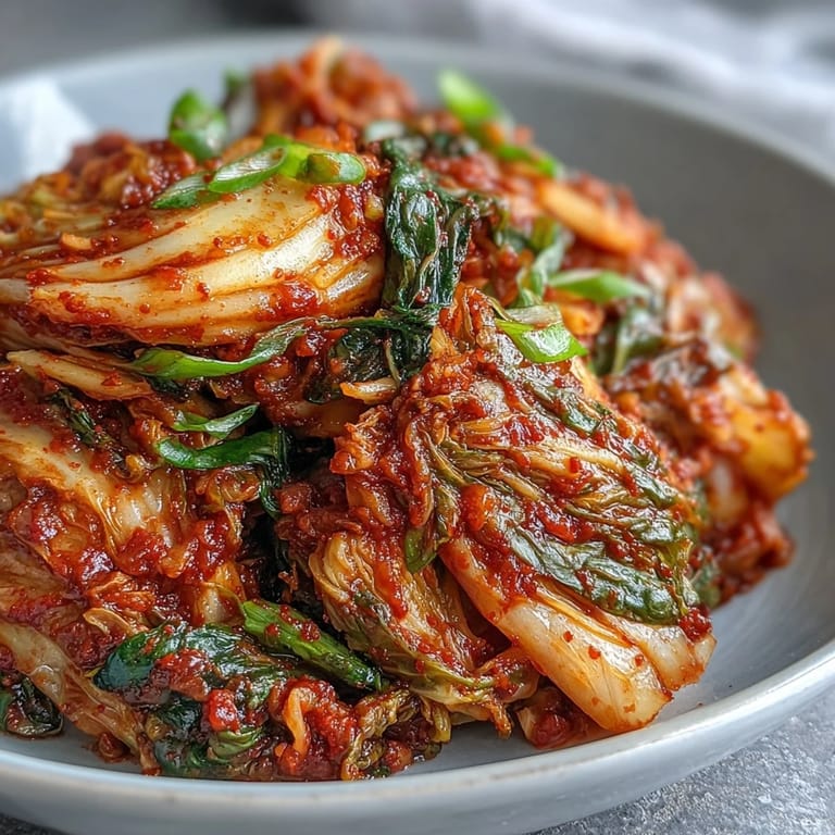 Freshly fermented kimchi in a glass jar, with colorful layers of red cabbage, carrots, and scallions visible through the brine.