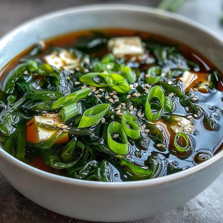 Steaming bowl of homemade Japanese Wakame Soup garnished with sliced scallions, served as a light appetizer or side dish.  