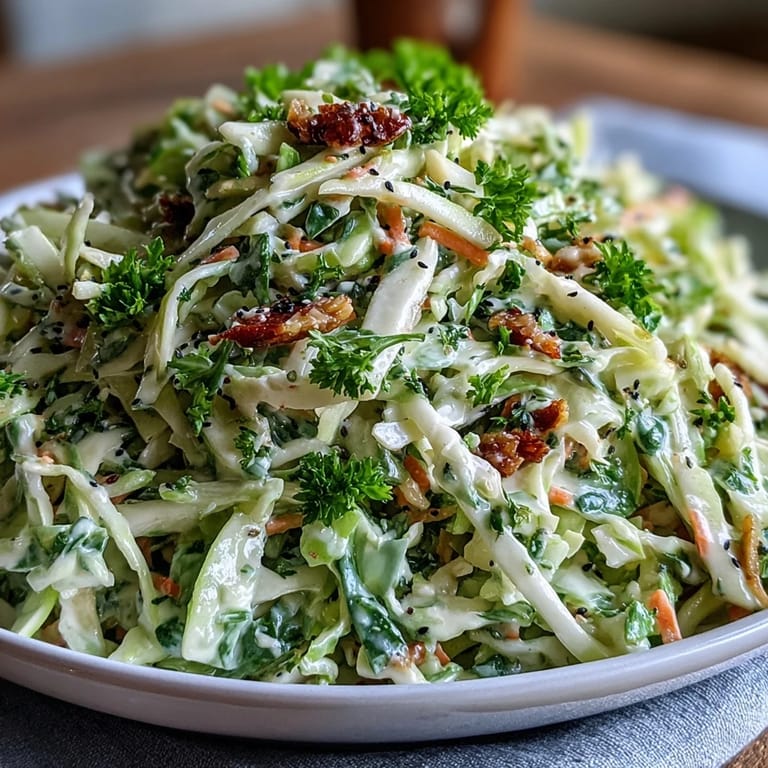 Bright Green Cabbage and Apple Slaw served chilled as a side dish for a summer barbecue.