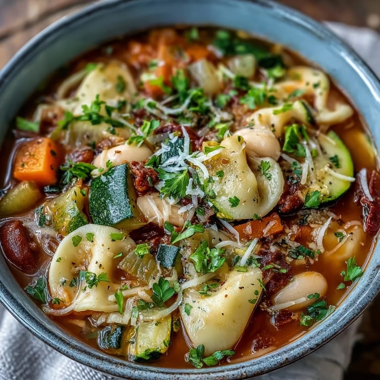 Italian Vegetable Minestrone topped with fresh parsley and grated Parmesan, served with crusty bread alongside.