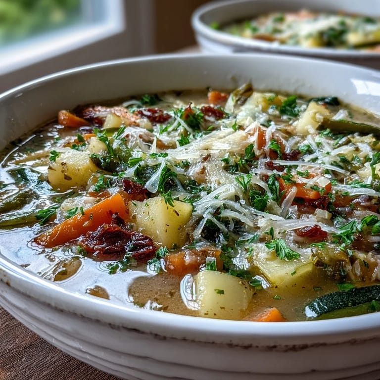 Close-up of Parmesan Veggie Soup with colorful diced vegetables and melted cheese.