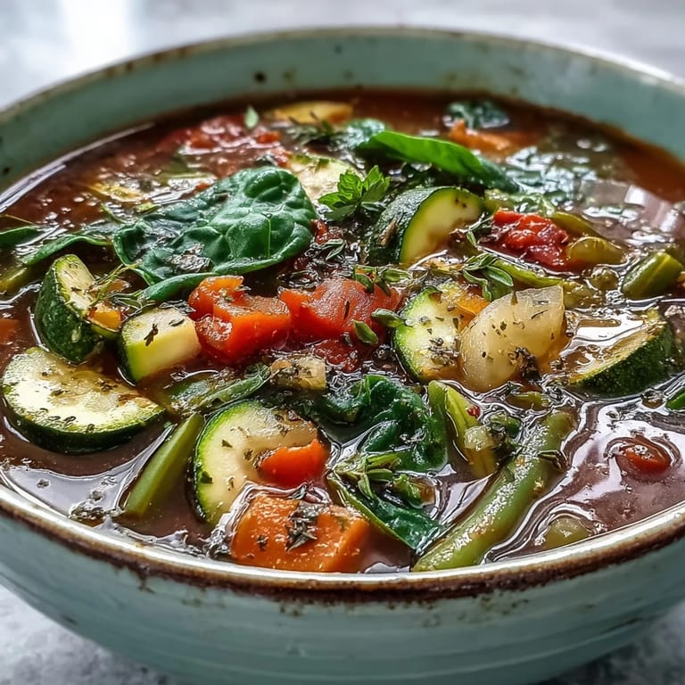 Vibrant Italian Herb Vegetable Soup with spinach and cannellini beans, ladled into rustic bowls.
