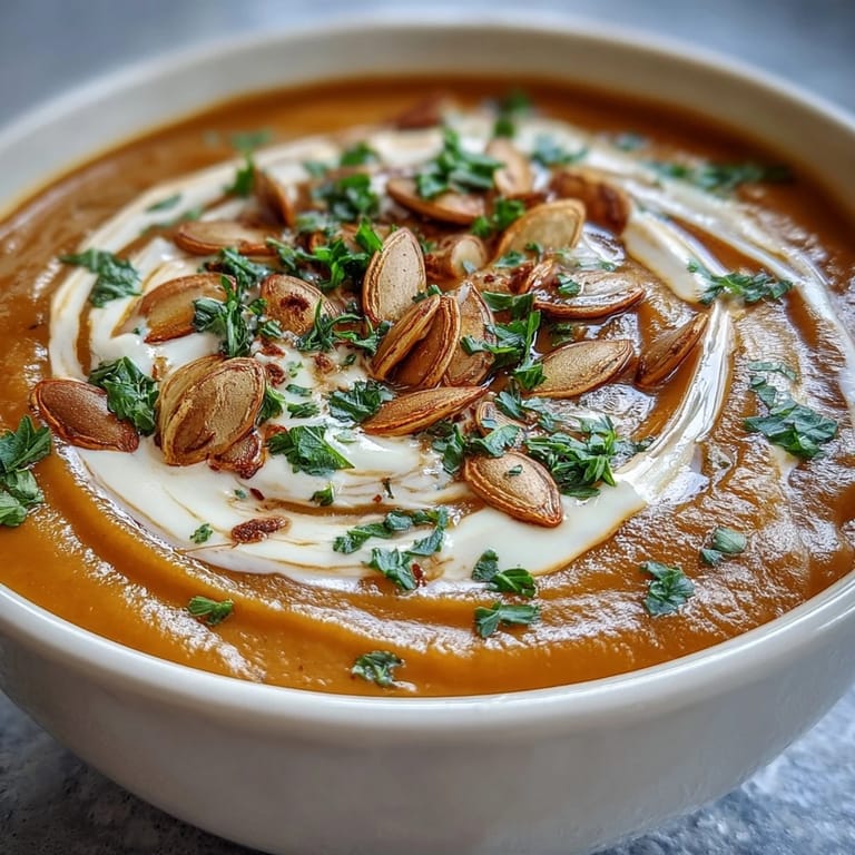 Creamy Pumpkin Soup served in a white bowl with fresh parsley and crusty bread on the side.
