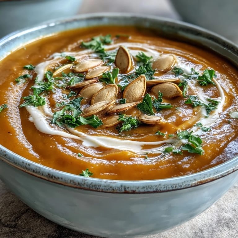 Warm Pumpkin Soup garnished with pumpkin seeds and a drizzle of cream, perfect for cozy autumn meals.