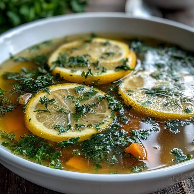 Hearty Lemon Herb Soup served with crusty bread on a rustic table.