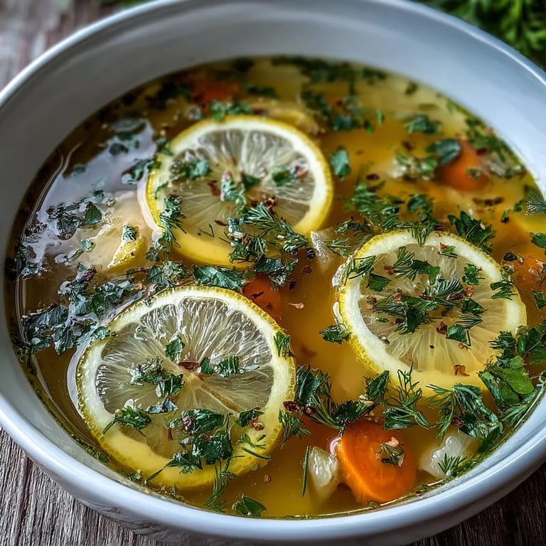Vibrant Lemon Herb Soup with lemon slices, carrots, and celery in a pot.