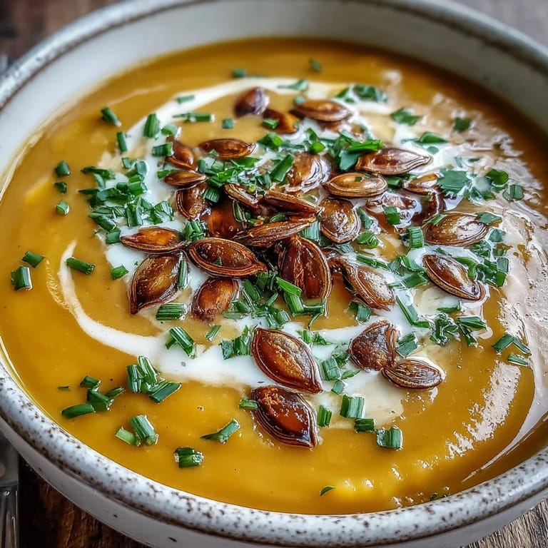 A close-up of creamy acorn squash soup, with a swirl of cream and warm spices visible, highlighting its velvety smooth texture.
