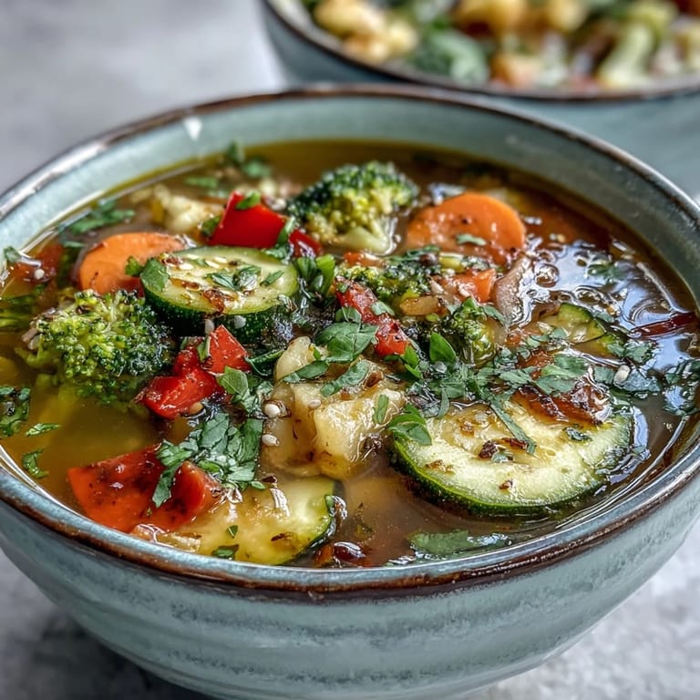 Close-up of Ginger Vegetable Soup with colorful chopped carrots, celery, zucchini, and bright red bell peppers in broth.