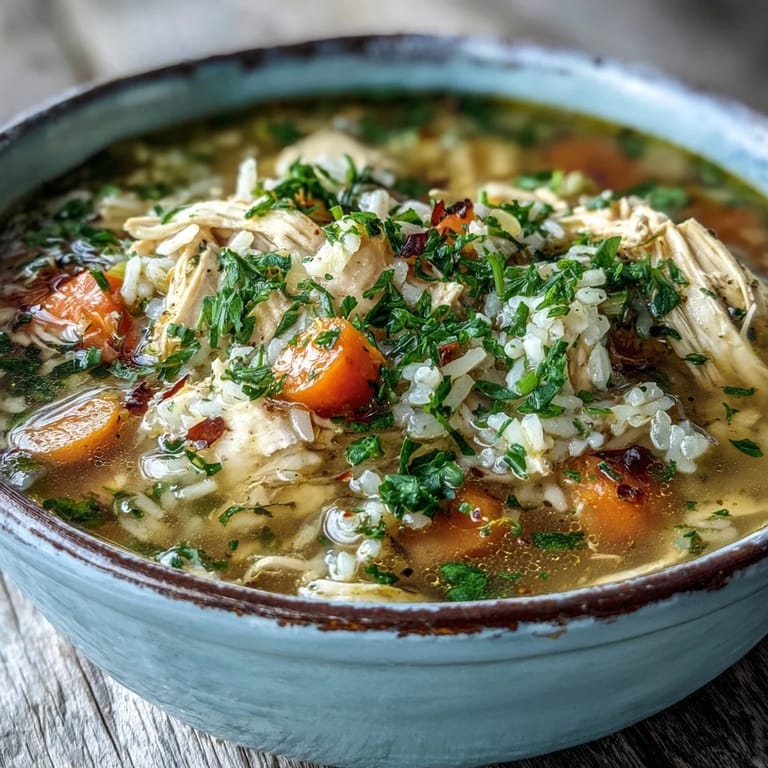 Close-up of golden Cozy Winter Chicken and Rice Soup ladled into a ceramic bowl, garnished with fresh parsley and a lemon wedge.