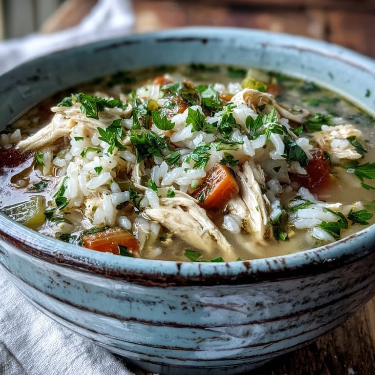Hearty Cozy Winter Chicken and Rice Soup simmering in a Dutch oven, releasing aromatic steam with celery and thyme on a wooden table.