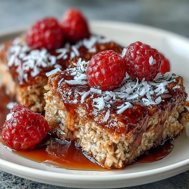A cozy tray of Baked Oatmeal with Raspberry and Coconut, studded with raspberries and ready to share.