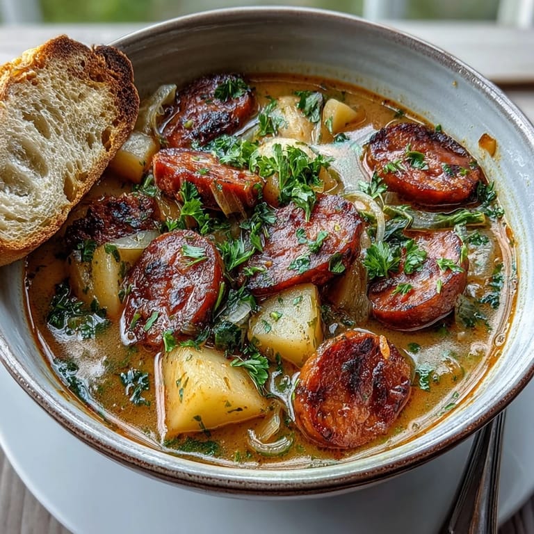 Hearty Potato, Leek and Chorizo Soup served in a rustic bowl with a slice of crusty bread.