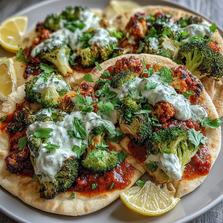 A finished vegetarian Harissa Broccoli and Flatbreads dish is served with creamy dollops of Greek yogurt and extra harissa sauce on the side.