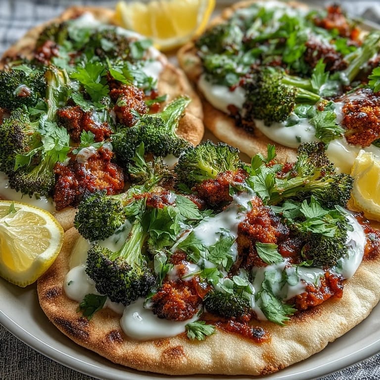 Vibrant roasted broccoli sizzling with harissa and olive oil is baked alongside flatbreads for a quick, spicy weeknight dinner.