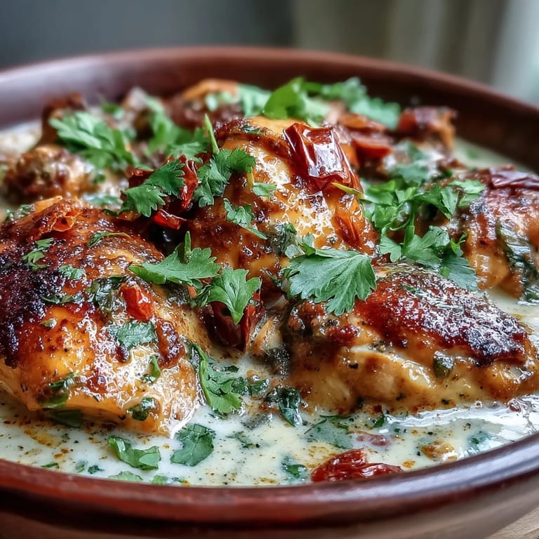 A bowl of Easy Chicken Curry features tender chicken thighs, sautéed onions, and a rich, aromatic tomato-based sauce.