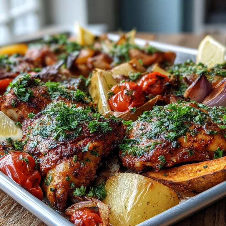 Juicy, spice-rubbed chicken thighs sit on a bed of caramelized sweet potatoes, red onion, and bright bell peppers in the traybake.