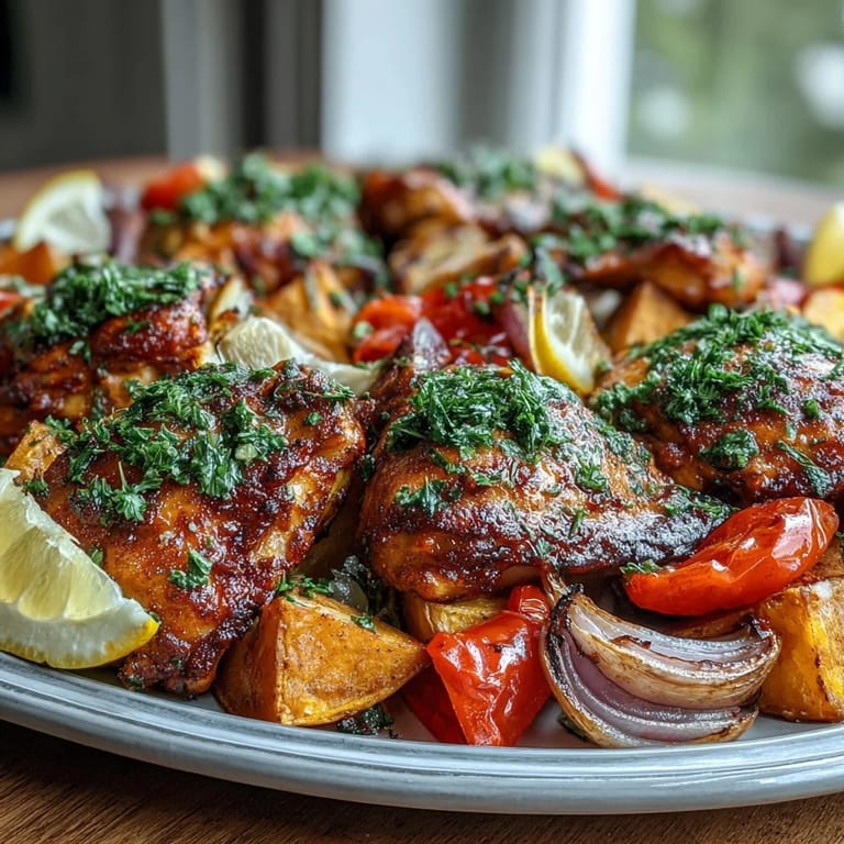 The finished Chicken and Sweet Potato Traybake is garnished with fresh herbs and lemon wedges for a bright, Mediterranean-inspired meal.