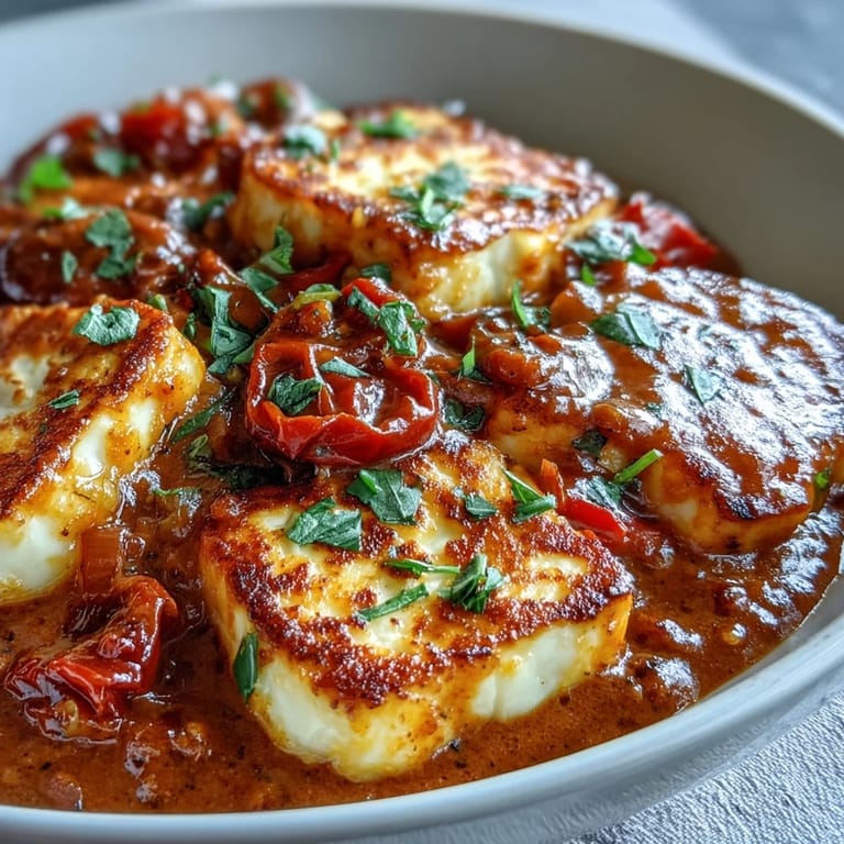 Family-style dinner plate with Creamy Halloumi and Tomato Curry, bright cilantro garnish, and warm lemon wedges.
