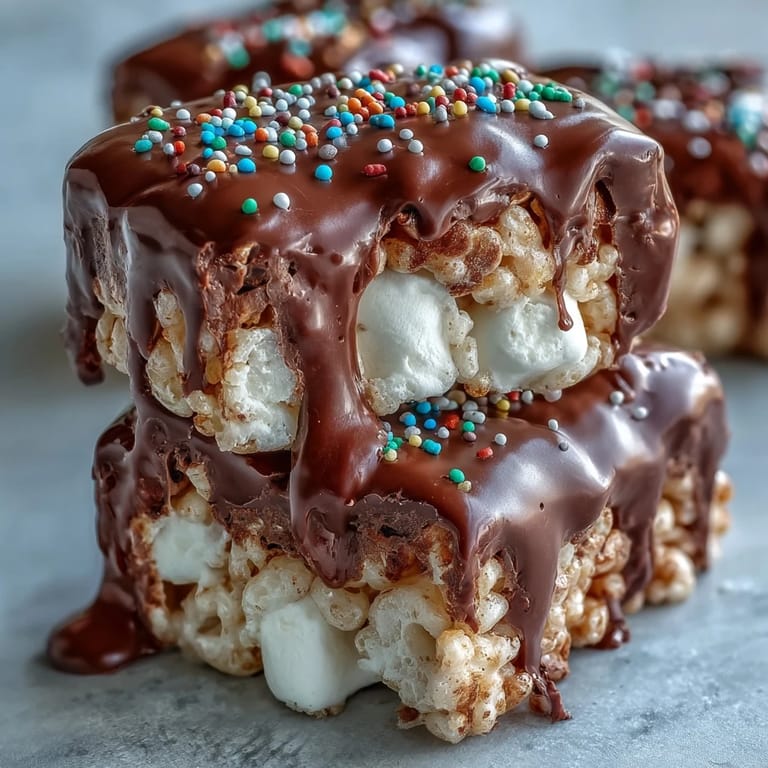 A close-up of Chocolate Covered Rice Krispy Treats revealing the melted chocolate and crunchy cereal texture on a dessert platter.