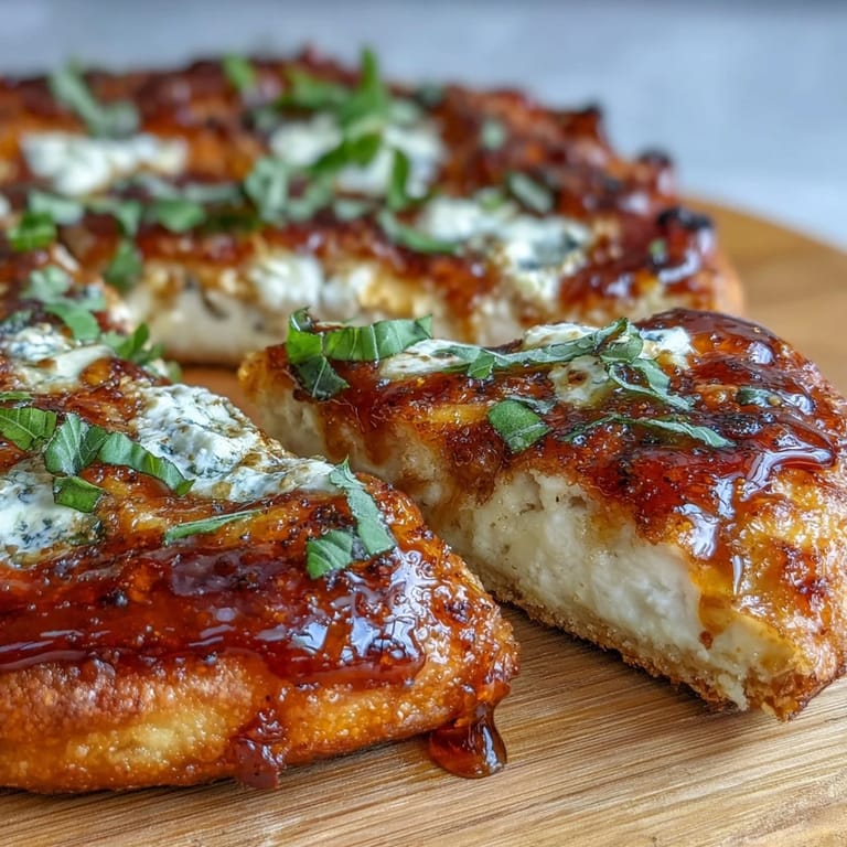 Freshly baked Hot Honey Ricotta Pizza topped with basil, ricotta, and mozzarella, ready to serve with a side salad.