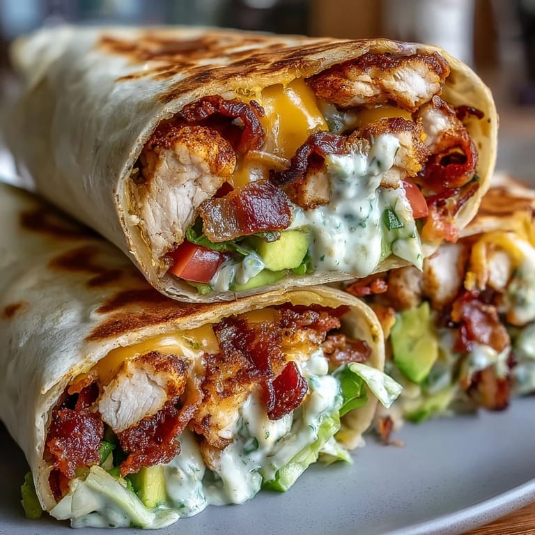 Warm Crispy Chicken Bacon Wrap with bacon strips and creamy sauce drizzle.