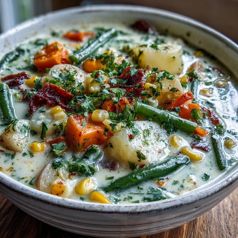 Close-up of a spoonful of Amish Snow Day Soup, featuring diced vegetables and thyme floating in a rich, velvety liquid.