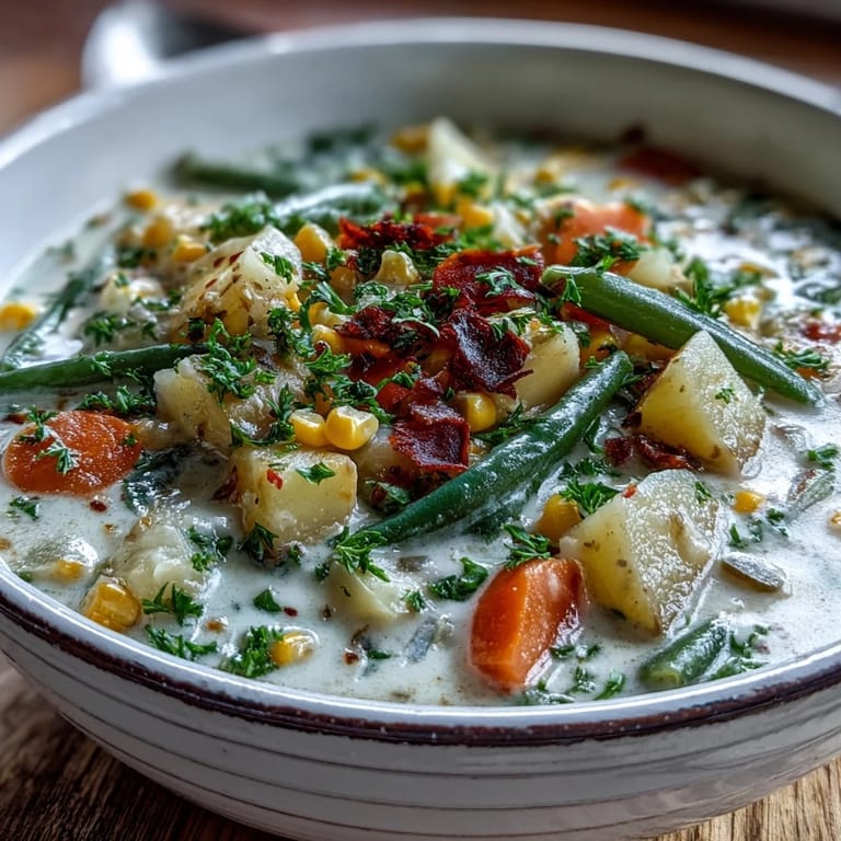 A pot of Amish Snow Day Soup simmers on the stove, filled with tender carrots, potatoes, and corn in a creamy broth.