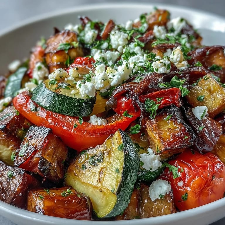 Roasted Mediterranean Greek vegetables mixed with zucchini, peppers, and tomatoes, drizzled with lemon juice and olive oil, ready to serve as a vibrant side dish.