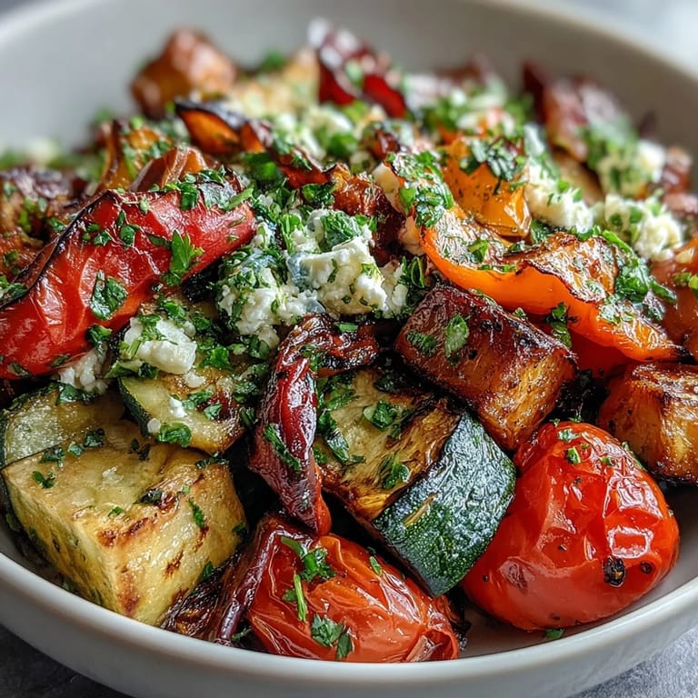 Golden Roasted Mediterranean Greek vegetables with charred eggplant and cherry tomatoes, garnished with fresh parsley and feta, paired with warm pita bread on the side.