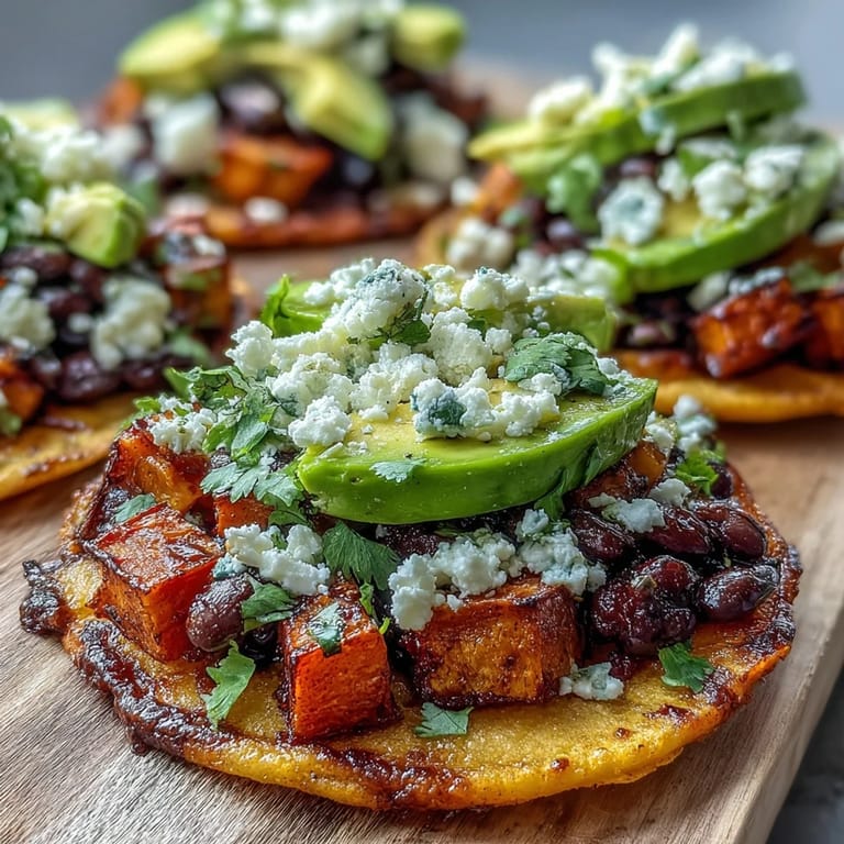 Freshly prepared Black Bean and Sweet Potato Tostadas arranged on a platter, featuring vibrant corn and bean mixture ready for a satisfying vegetarian lunch.