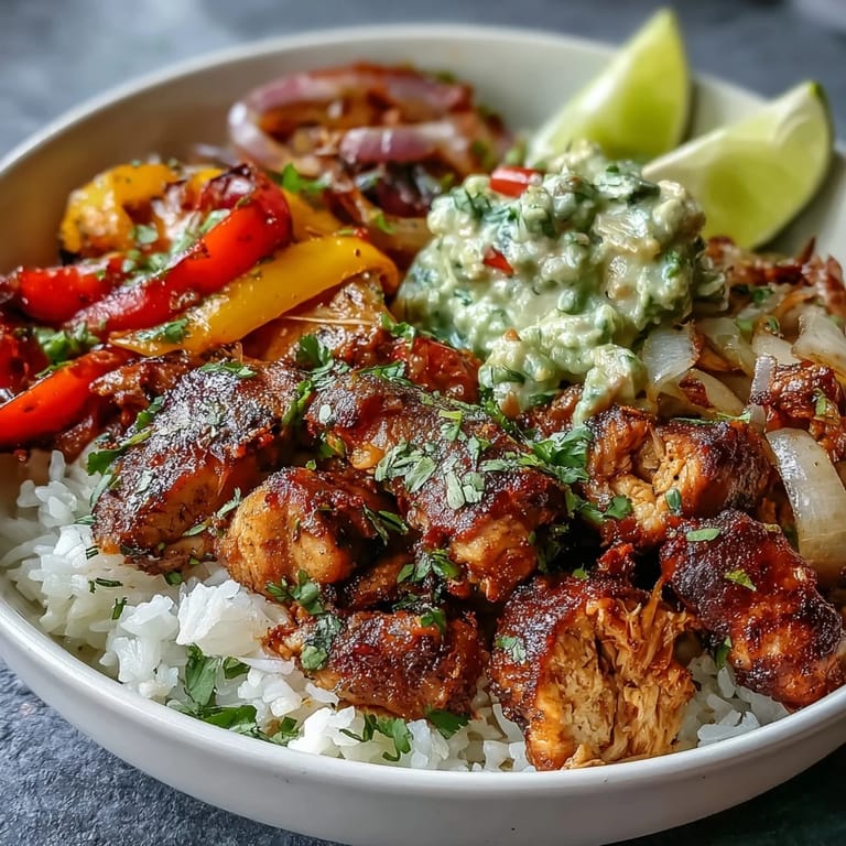 Overhead view of a complete Sheet Pan Chicken Tinga Bowl featuring smoky chicken, roasted veggies, and lime wedges for squeezing.