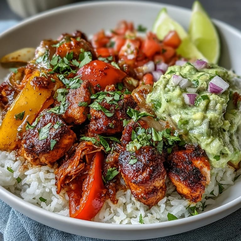 A vibrant bowl of Sheet Pan Chicken Tinga with fluffy rice, topped with a chunky, zesty avocado salsa and fresh cilantro.  