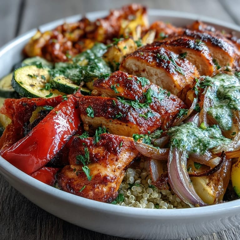 The Paprika Herb Chicken Roasted Vegetable Quinoa Bowl is served in a rustic ceramic bowl, garnished with fresh parsley and a lemon wedge for a bright finish.