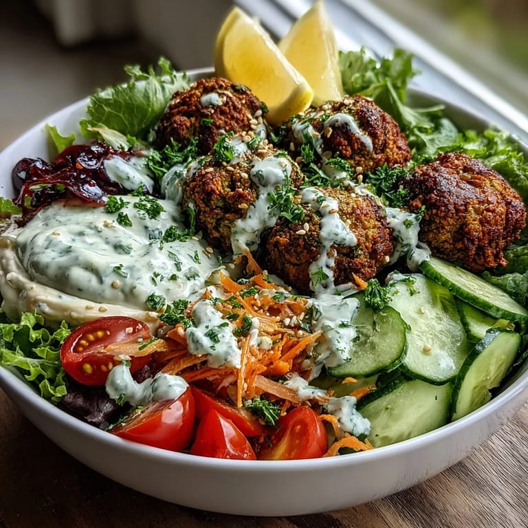 A close-up of a Mediterranean Falafel Bowl featuring creamy hummus, tangy tzatziki, and fresh vegetables garnished with parsley and sesame seeds.