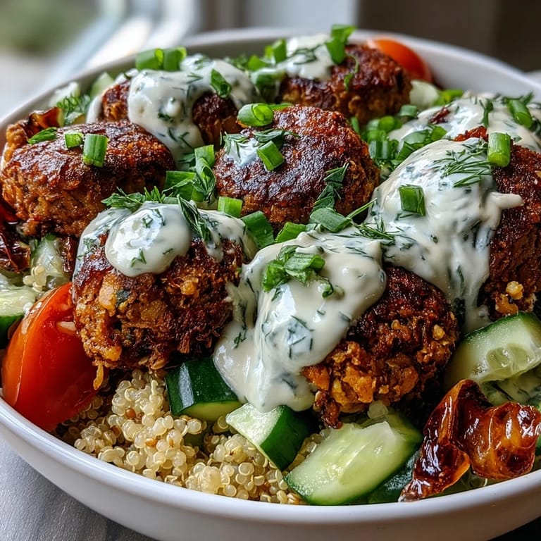 Vibrant vegetarian falafel quinoa bowl with golden baked falafel, fresh garden vegetables, and a drizzle of tangy garlic tahini sauce ready to serve.