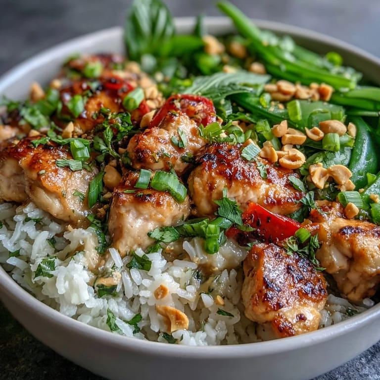 Close-up of a Thai Chicken Coconut Bowl showing tender chicken, crisp vegetables, and aromatic Thai herbs over fluffy coconut rice.  