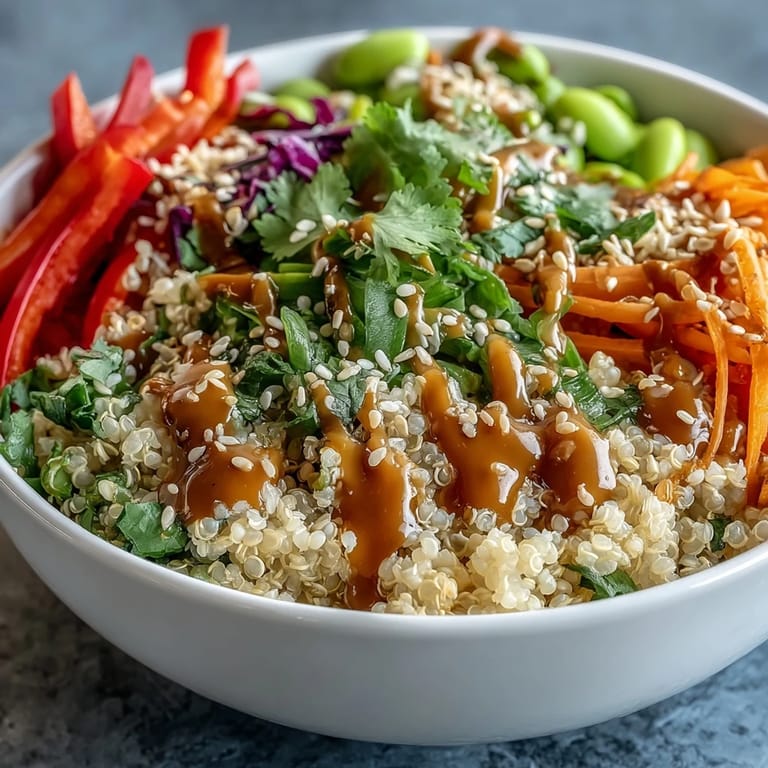 Serving suggestion for Thai Coconut Quinoa Bowl, paired with a refreshing iced green tea for a light meal.