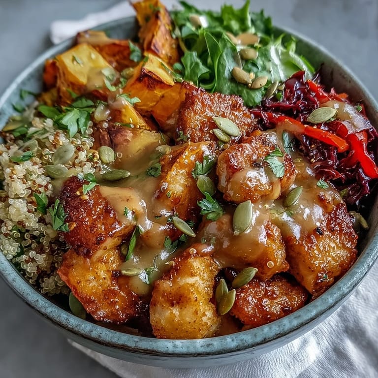 Spicy and sweet flavors combine in this Hot Honey Chicken Bowl, garnished with fresh herbs and a drizzle of dressing.