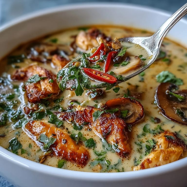 A vibrant bowl of Thai Coconut Curry Soup topped with fresh cilantro and lime wedges.  