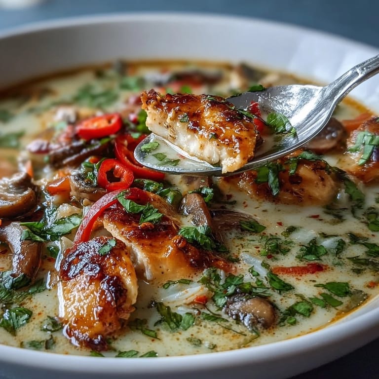Spoon lifting fragrant Thai Coconut Curry Soup, garnished with chili slices and spring onions.