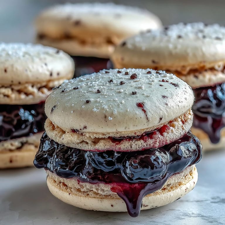 Perfectly sandwiched Black Currant Macarons showcasing a glossy ganache filling on a marble slab.